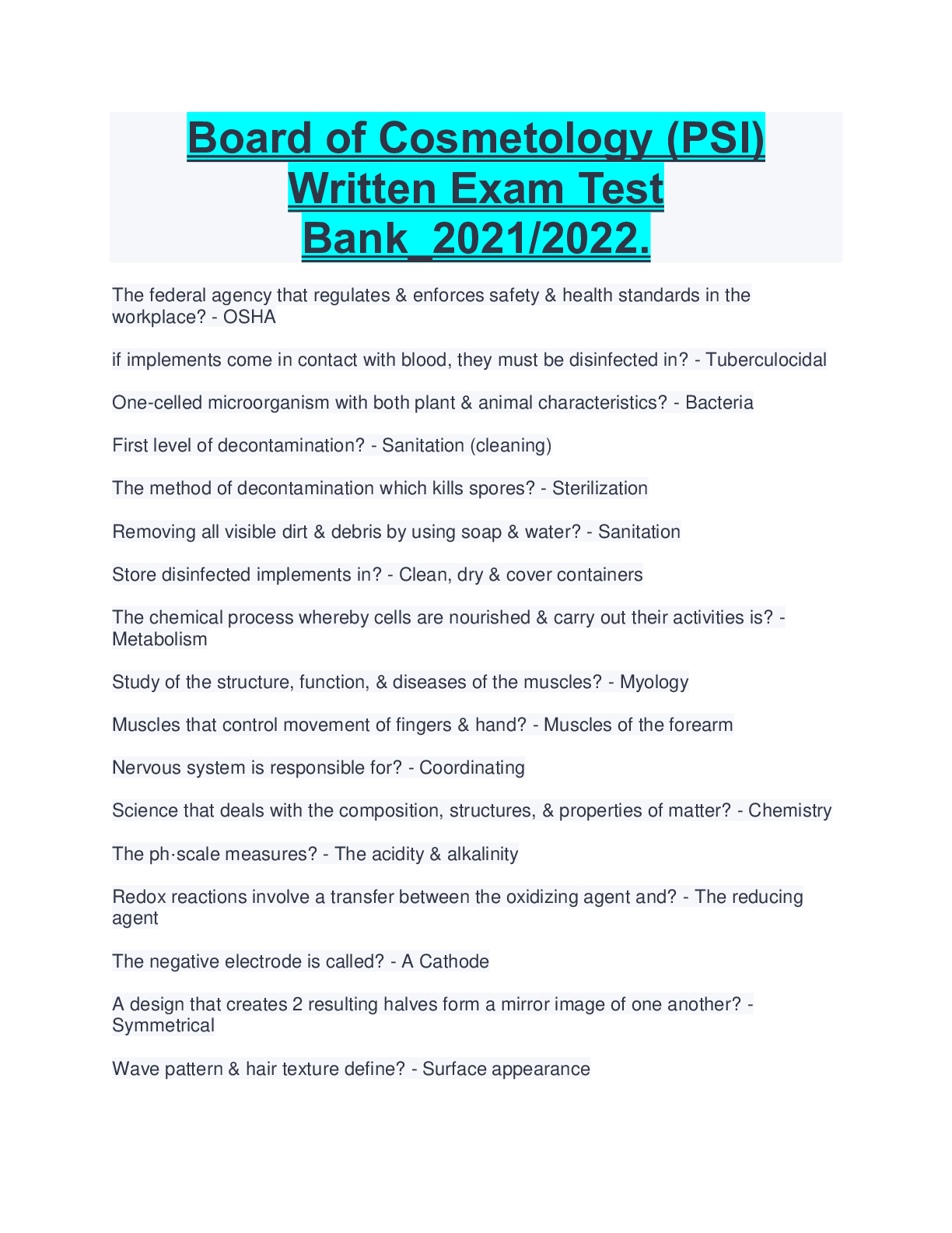 Preview image for Board of Cosmetology (PSI) Written Exam Test Bank_2022 Complete Questions and Answers. A+ Solutions